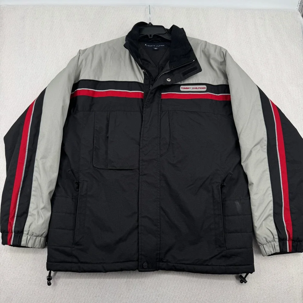 Tommy Hilfiger Mens L Colorblock Heavy Ski Puffer Jacket Black Grey Red Retro